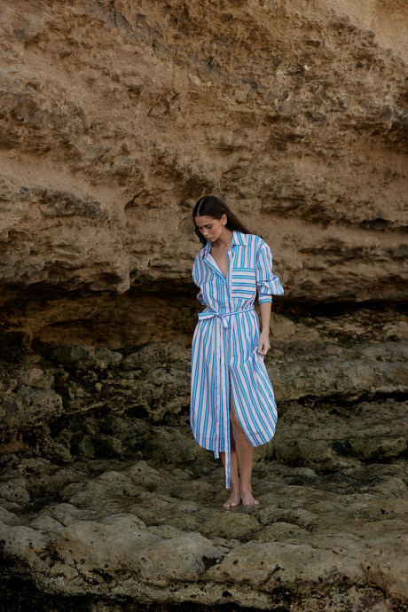 Billy Shirt Dress - Ocean Depth / Seashells Stripe